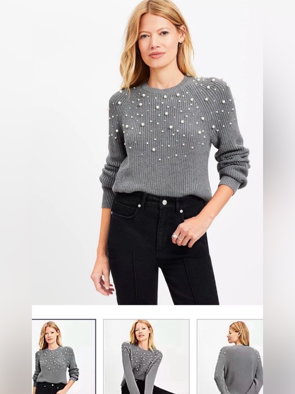 LOFT Gray Pearl Embellished Sweater- Size S worn once